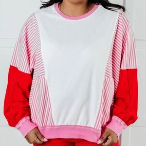 NWOT Oversized Dolman Sleeve Pink Striped Red White Color Block Pullover Sz L